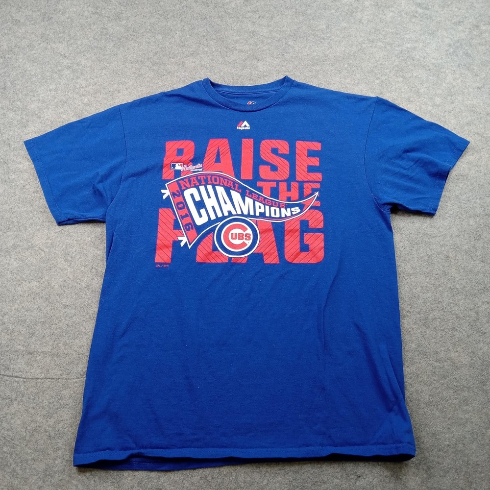 Chicago Cubs‎ Shirt Mens Large Blue MLB Baseball Majestic Raise Flag Champions